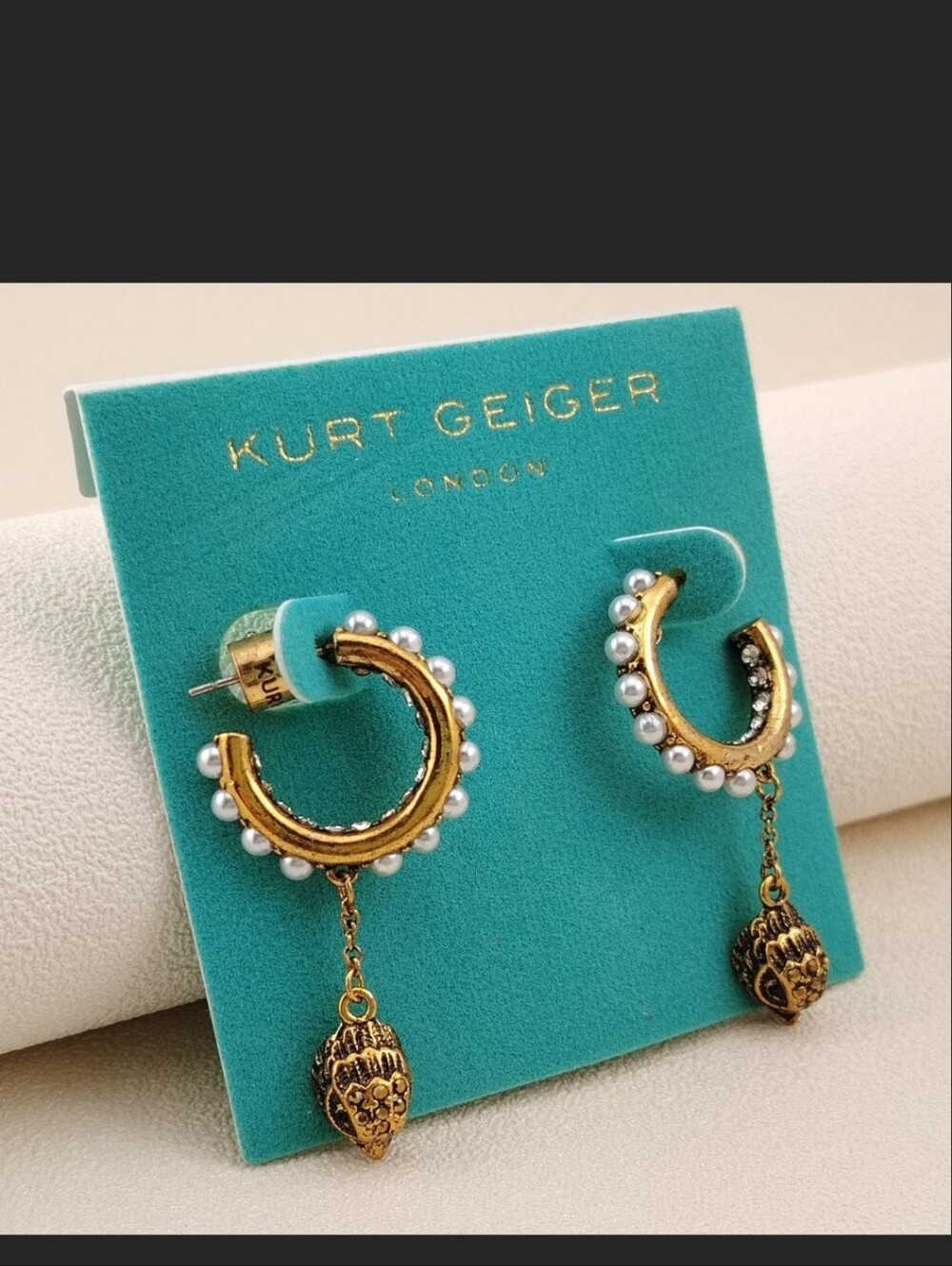 Kurt Geiger Gold Hoop Earrings with Pearls and Gold Drop Charms